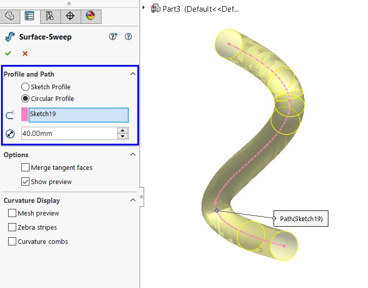 استفاده از آپشن Circular Profile جهت ایجاد سطح در دستور Swept Surface